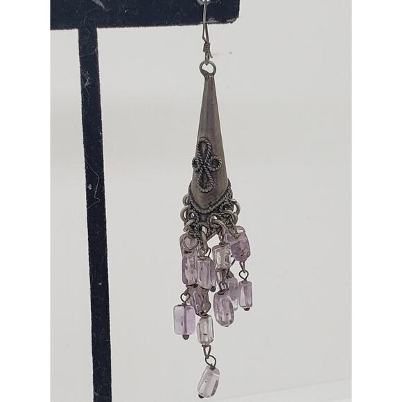 Vintage Silver Amethyst Earrings Chandelier Long Dangle Ethnic Tribal Movement - Picture 10 of 10